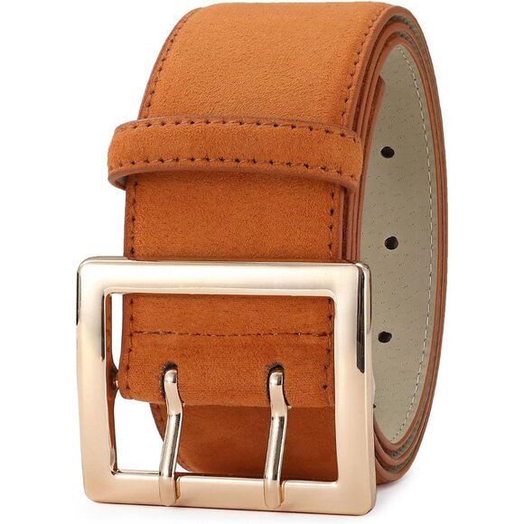Women Leather Wide Fashion Thick Dress Belt With Gold Buckle Belt Brown Suede - Picture 2 of 7